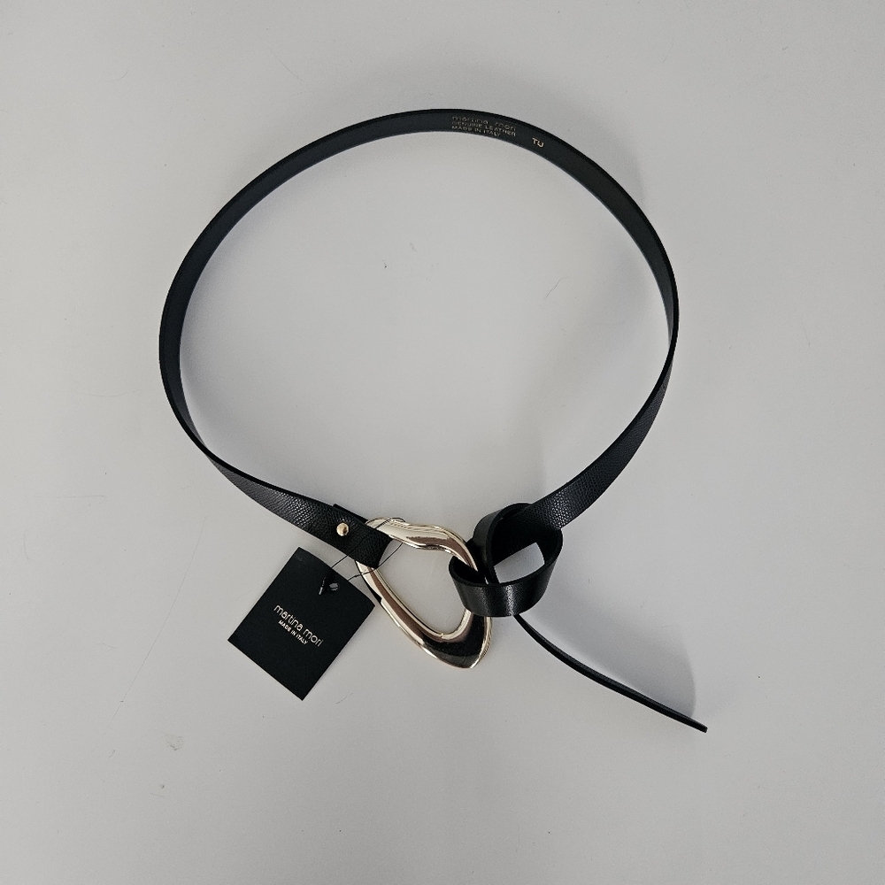 NWT Martina Mori Black Leather Knot Belt With Oblong Gold Buckle